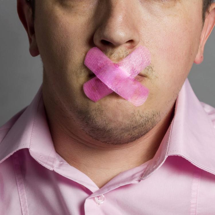 60460542 - man with mouth covered by pink patch to forbidden him the free speeching