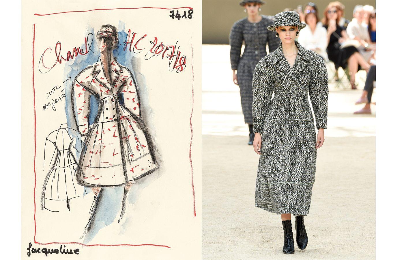 Szkic płaszcza z kolekcji Chanel haute couture jesień–zima 2017/18 oraz zdjęcie z pokazu, na którym modelka prezentuje gotowy projekt (Fot. Peter White/Getty Images dzięki uprzejmości Metropolitan Museum of Art)