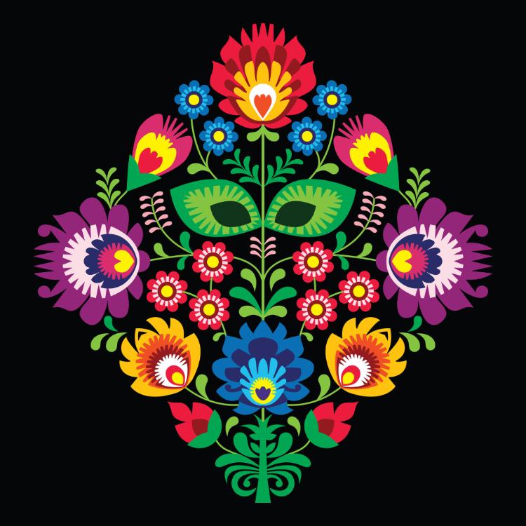 24947597 - folk embroidery with flowers - traditional polish pattern on black background