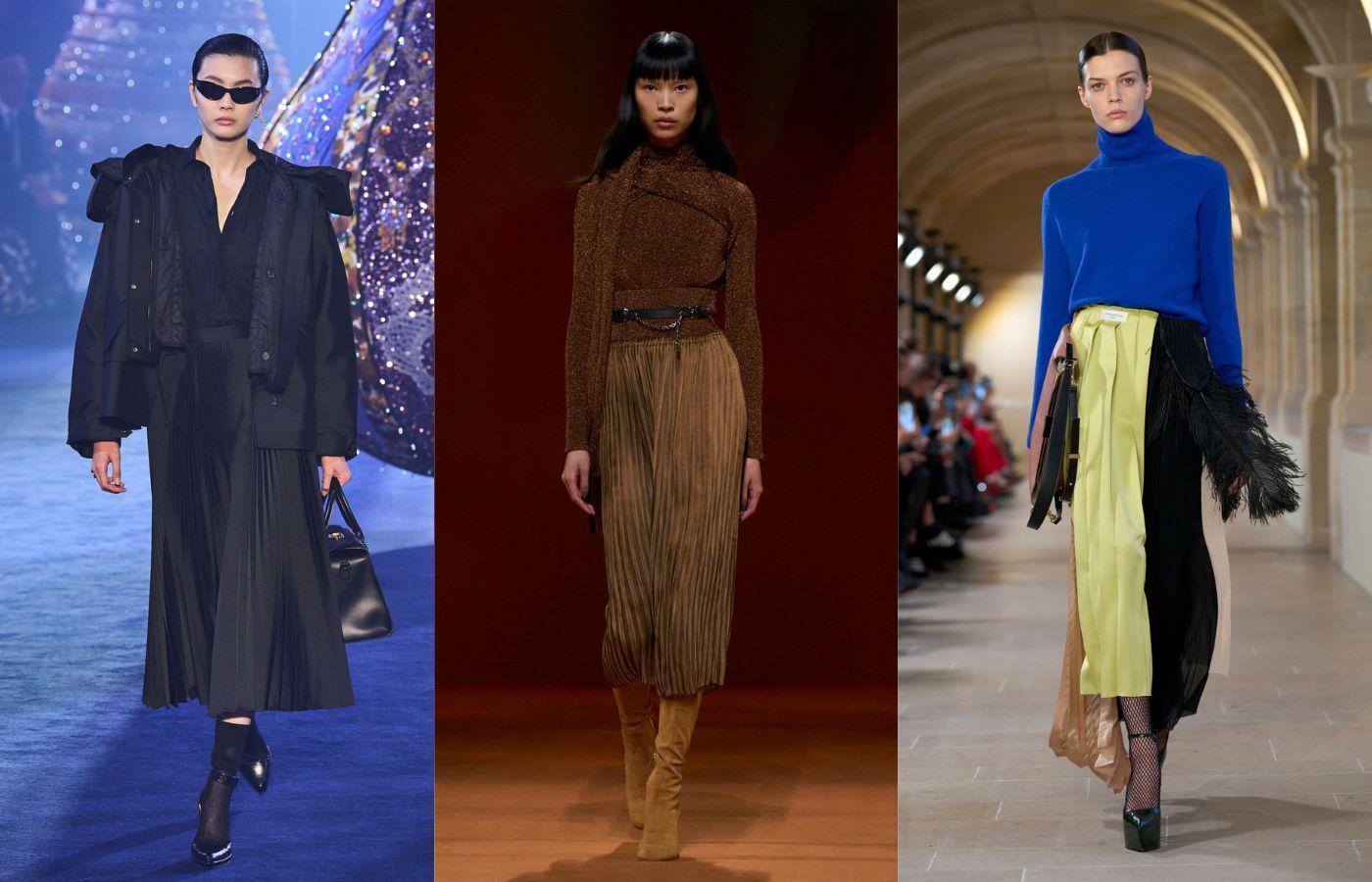 Pokazy na sezon jesień–zima 2023, od lewej: Dior, Hermès, Victoria Beckham (Fot. Spotlight. Launchmetrics/Agencja FREE)