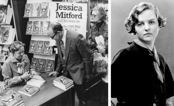 Jessica „Decca” Mitford z czytelnikami podczas podpisywania jednej ze swoich książek. Obok: Jessica w młodości. (Fot. Forum, Getty Images)