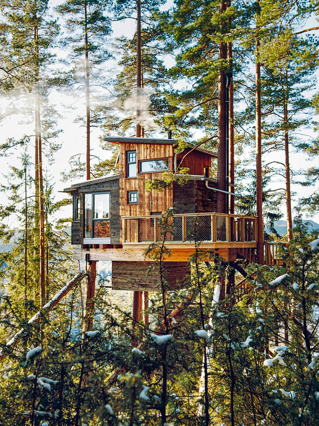 Domek „kukułcze gniazdo”, usytuowany wśród wierzchołków drzew, sześć metrów nad ziemią. Gjerstad, południowa Norwegia. (Fot. z książki „Cabin Porn. Wnętrza”, wyd. Smak Słowa)