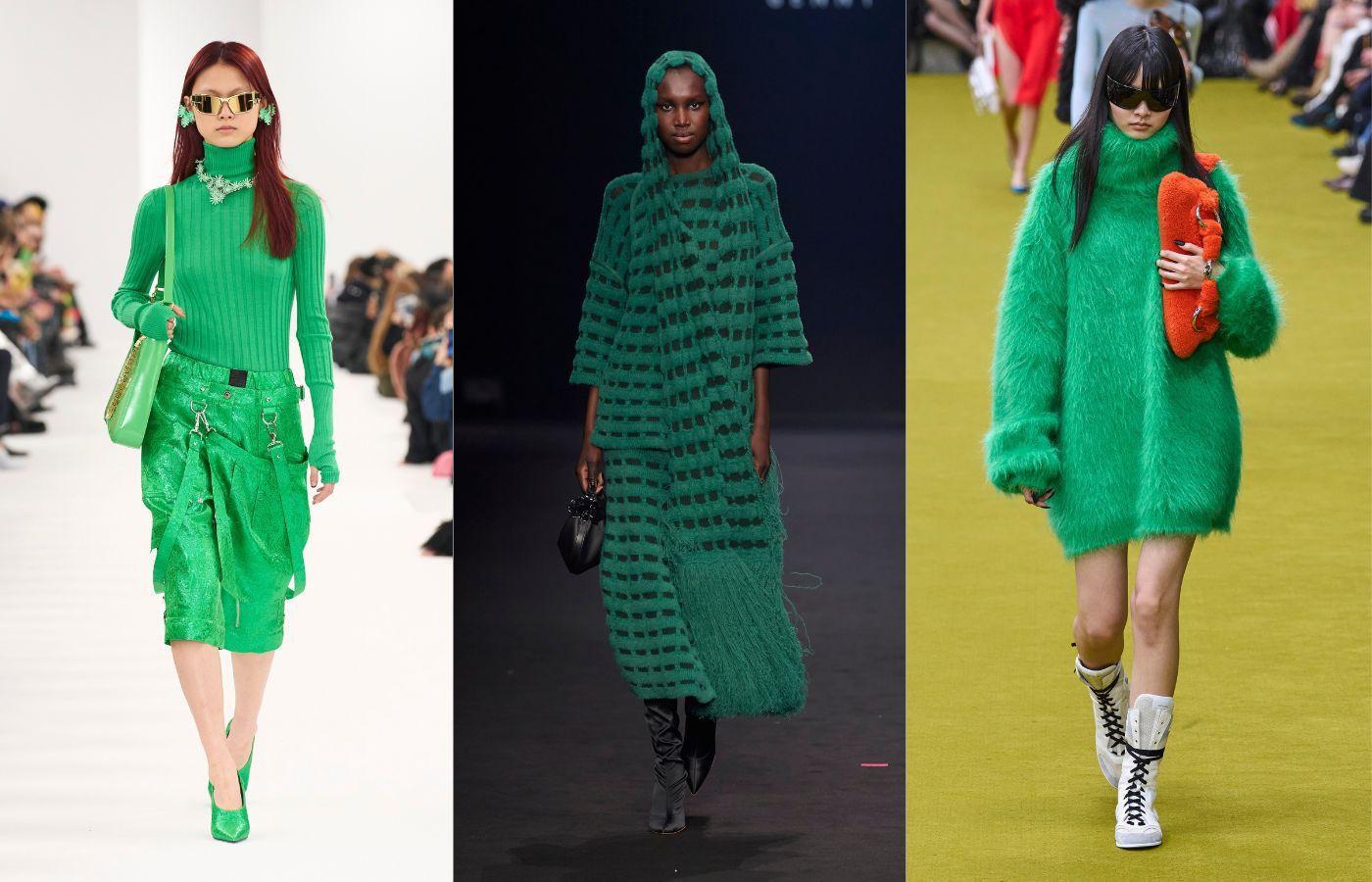 Pokazy na jesień–zimę 2023, od lewej: Givenchy, Genny, Gucci (Fot. Spotlight. Launchmetrics/Agencja FREE)