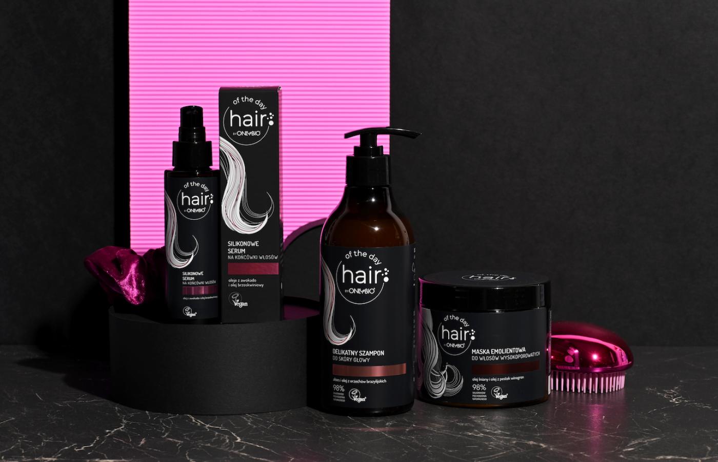 Hair of the day by OnlyBio, szampon do każdego rodzaju skóry; co-wash odżywka do mycia skóry głowy i włosów; odżywka proteinowa do każdej porowatości włosa; peeling do skóry głowy; wcierka stymulująca do skóry głowy
