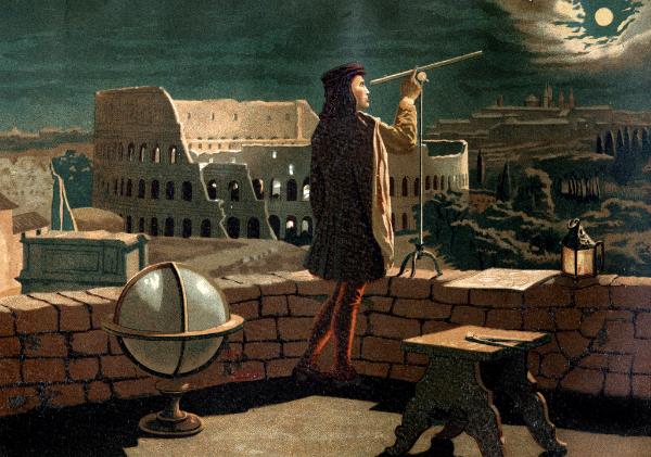Polski astronom obserwujący zaćmienie Księżyca w Rzymie, ilustracja nieznanego artysty (ok. 1881 r.) (Fot. East News)