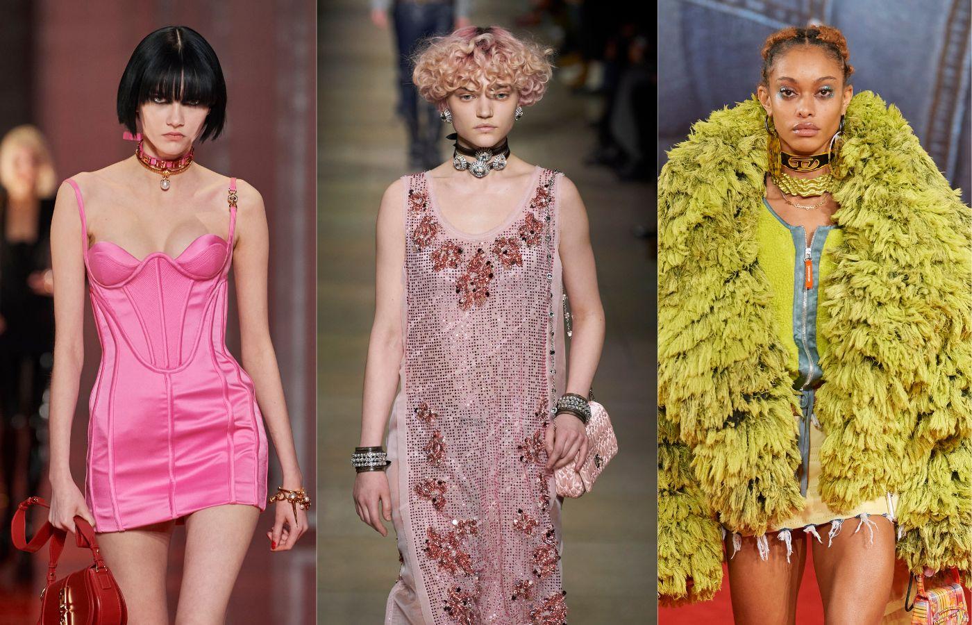 Pokazy na jesień–zimę 2022, od lewej: Versace, Miu Miu, Diesel (Fot. Spotlight)