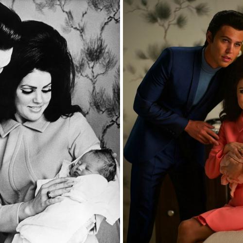 Od lewej: Elvis Presley, jego żona Pirscilla i córka Lisa Marie w 1968 roku; bohaterowie filmu „Elvis” w kostiumach Prady (Fot. Friedrich/Interfoto/Forum/materiały prasowe)