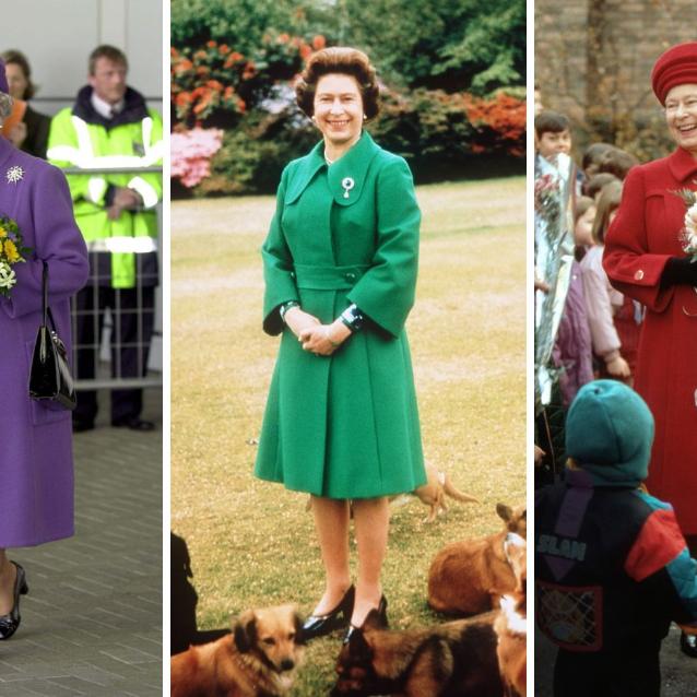 Królowa Elżbieta na otwarciu nowego terminalu na lotnisku Luton w 1999 roku; królowa ze swoimi psami w 1980 roku; Elżbieta II podczas wizyty w Sankt Petersburgu w 1994 roku (Fot. dzięki uprzejmości Sqaure Peg)
