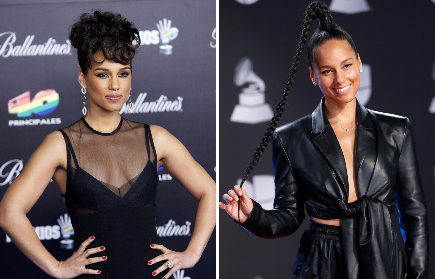 Alicia Keys na czerwonym dywanie w pełnym makijażu (2013 rok) i bez makijażu (2019 rok) (Fot. Jack Abuin/Zuma Press/Forum, Danny Moloshok/Reuters/Forum)
