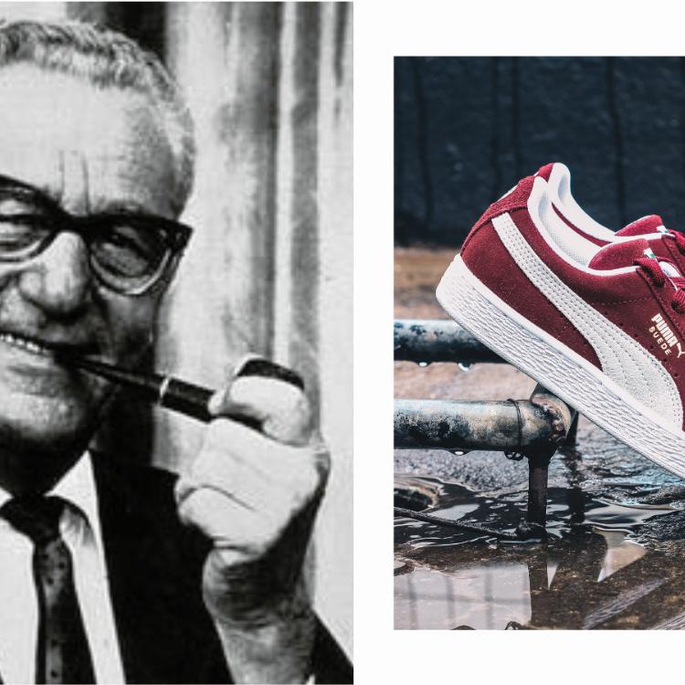 Ciągłe nieporozumienia i odmienne wizje przyszłości firmy braci Dassler doprowadziły do jej rozłamu. Adi stworzył firmę Adidas, a Rudi – przedsiębiorstwo o nazwie Puma. Po lewej: Rudolf Dassler, po prawej: model butów Puma Suede. (Fot. materiały partnera)