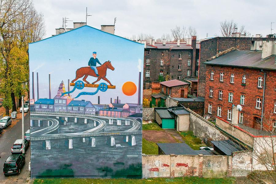 Mural z wizerunkiem Kazimierza Kutza autorstwa Sówki na ścianie kamienicy w Katowicach-Szopienicach (2019). (Fot. East News)