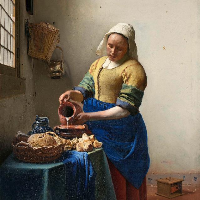 „Mleczarka” (1658–1659). Obraz znany też jako „Nalewająca mleko” lub „Dziewczyna z dzbanem mleka”. (Fot. materiały prasowe wystawy „Vermeer” w Rijksmuseum w Amsterdamie; Mauritshuis, Den Haag, Rijksmuseum, Amsterdam, The Frick Collection. New York. Photo: Joseph Coscia Jrm, National Gallery of Art, Washington D.C.)