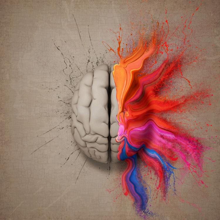 47662674 - creative mind or brain illustrated with colourful paint splatter and dispersion. conceptual computer artwork.