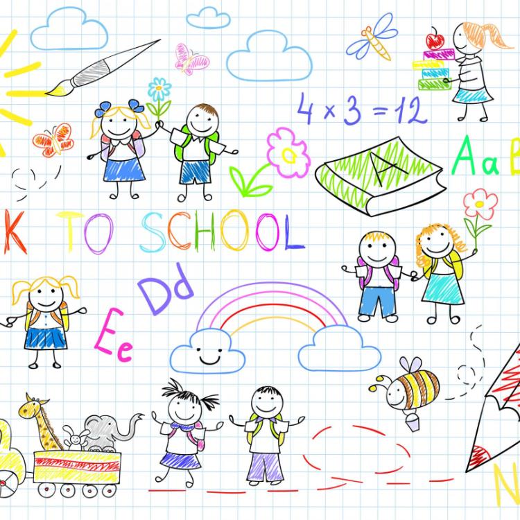 30466477 - back to school. sketches with happy pupils. sketch on notebook page