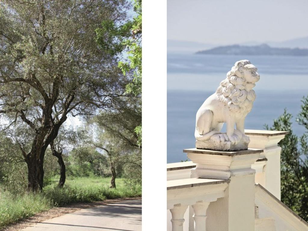 Od lewej: Korfu porastają drzewa oliwne; chińska rzeźba, która trafiła na wyspę pod koniec XIX wieku. (Fot. Getty Images)