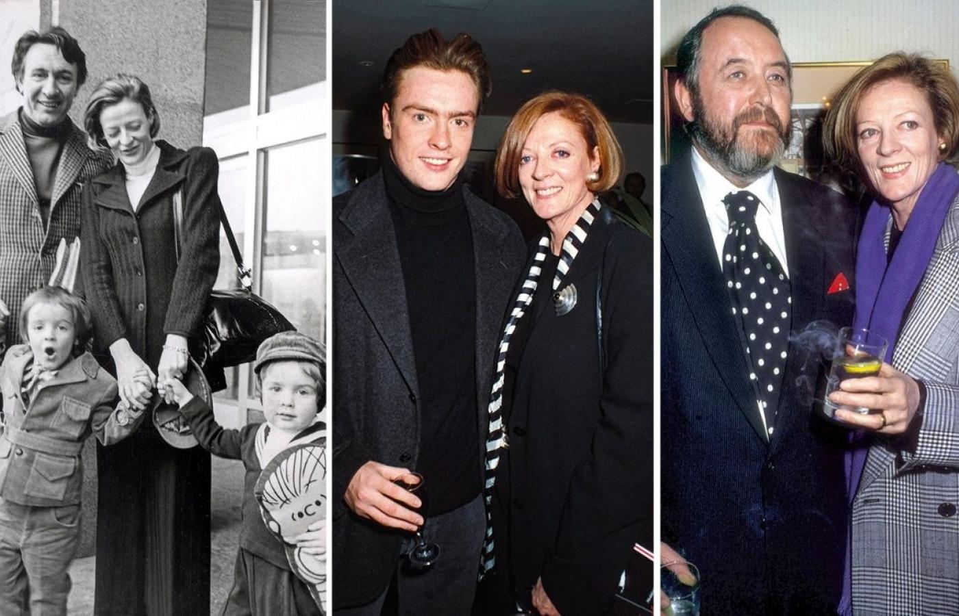 Od lewej: Maggie Smith prywatnie. Razem z synami i pierwszym mężem (1972). Z młodszym synem Tobym w Londynie (2005) oraz z drugim mężem, ukochanym Beverlym Crossem. (Fot. Getty Images)