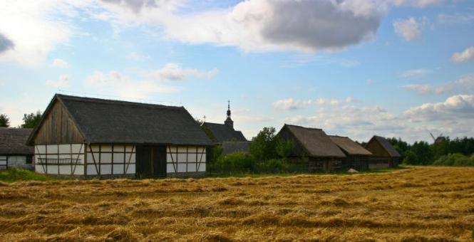 Dziekanowice. Widok ogólny na teren skansenu. Od lewej widać szulcową stodołę.(Fot. Katarzyna Paszkiewicz/Skanseny.net)