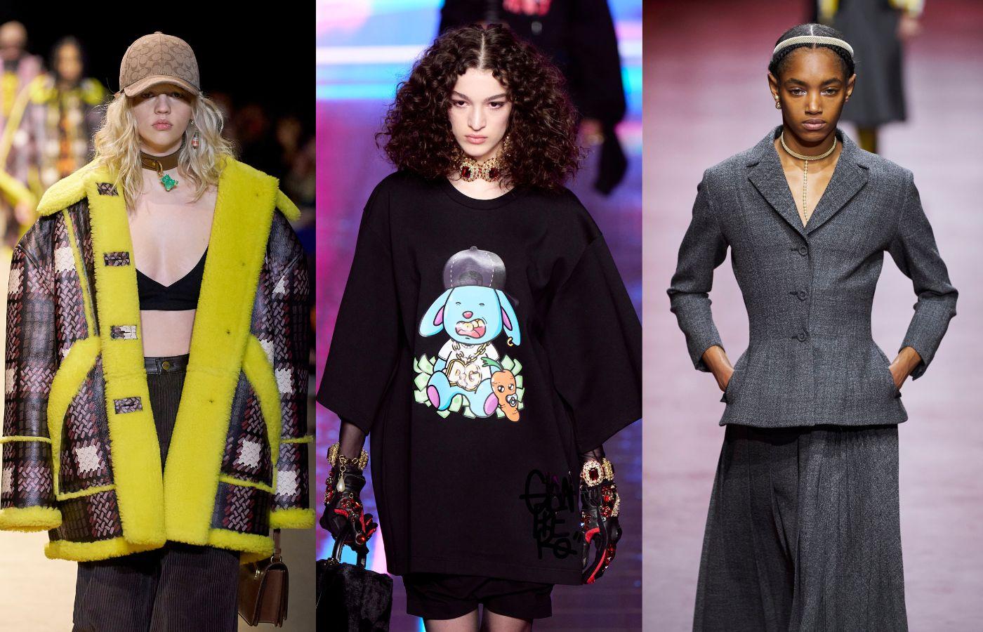 Pokazy na jesień–zimę 2022, od lewej: Coach, Dolce & Gabbana, Dior (Fot. Spotlight)