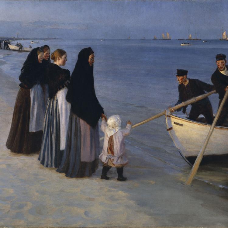 Peder Severin Krøyer (1851–1909, Dania), „Wypłynięcie łodzi rybackich po zachodzie słońca, Skagen” 1894–1895, olej, płótno ARoS, Aarhus Art Museum (Fot. ARoS Aarhus Art Museum)