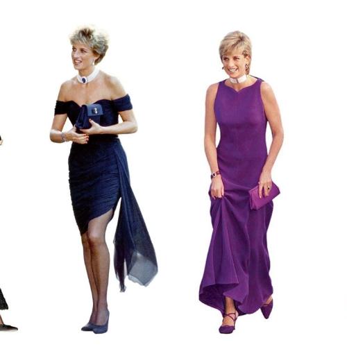 Lady Diana w słynnych kreacjach. Od lewej: w sukience projektu Jacques’a Azagury’ego na przyjęciu z okazji 36. urodzin (1997); W „sukni zemsty” od Christiny Stambolian (1994); W Versace, Chicago, (1996); w kreacji Victora Edelsteina (1990). (Fot. Getty Images; BEW)