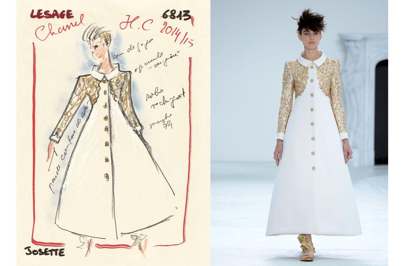 Szkic płaszcza z kolekcji Chanel haute couture jesień–zima 2014/15 oraz zdjęcie z pokazu, na którym modelka prezentuje gotowy projekt (Fot. Dominique Charriau WireImage/Getty Images dzięki uprzejmości Metropolitan Museum of Art)