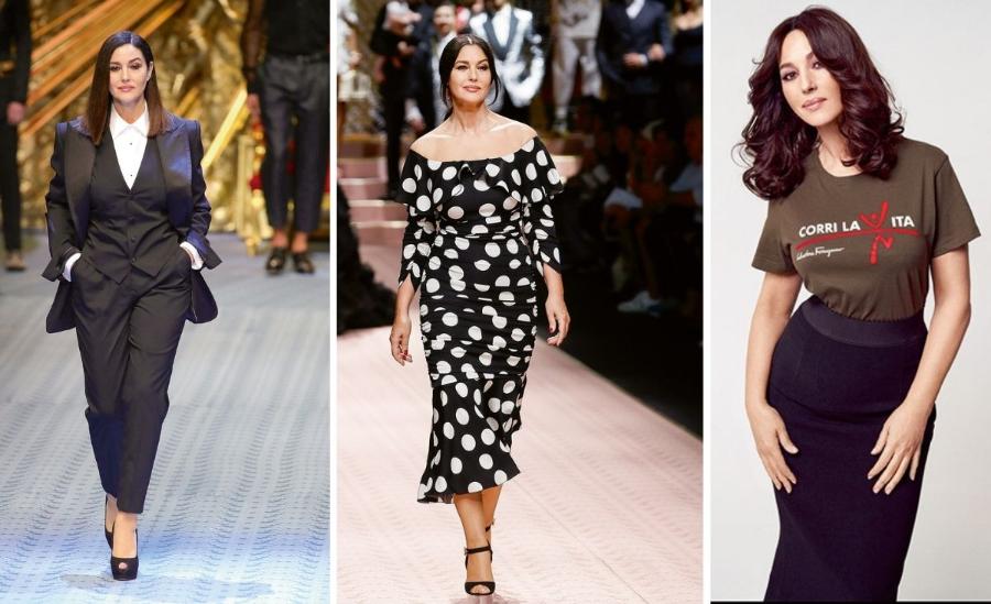 Monica Bellucci na wybiegu podczas pokazów kolekcji Dolce&Gabbana wiosna/lato 2019. oraz w akcji wspierającej stowarzyszenie Corri la Vita działające na rzecz kobiet dotkniętych rakiem piersi, 2020 rok.