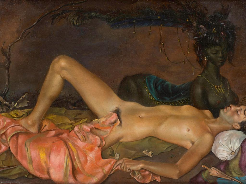  Leonor Fini „Bóstwo chtoniczne czuwające nad snem młodzieńca” (1946) (Fot. materiały prasowe Louisiana Museum of Modern Art)