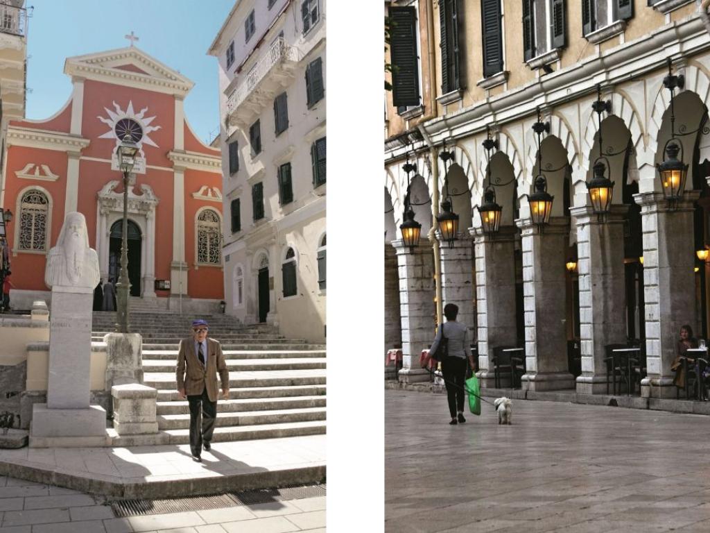 Od lewej: Muzeum Bizantyjskie w odnowionym kościele Panagia Antivouniotissa, w stolicy wyspy; elegancka promenada Liston wzorowana na paryskiej Rue de Rivoli. (Fot. Getty Images)