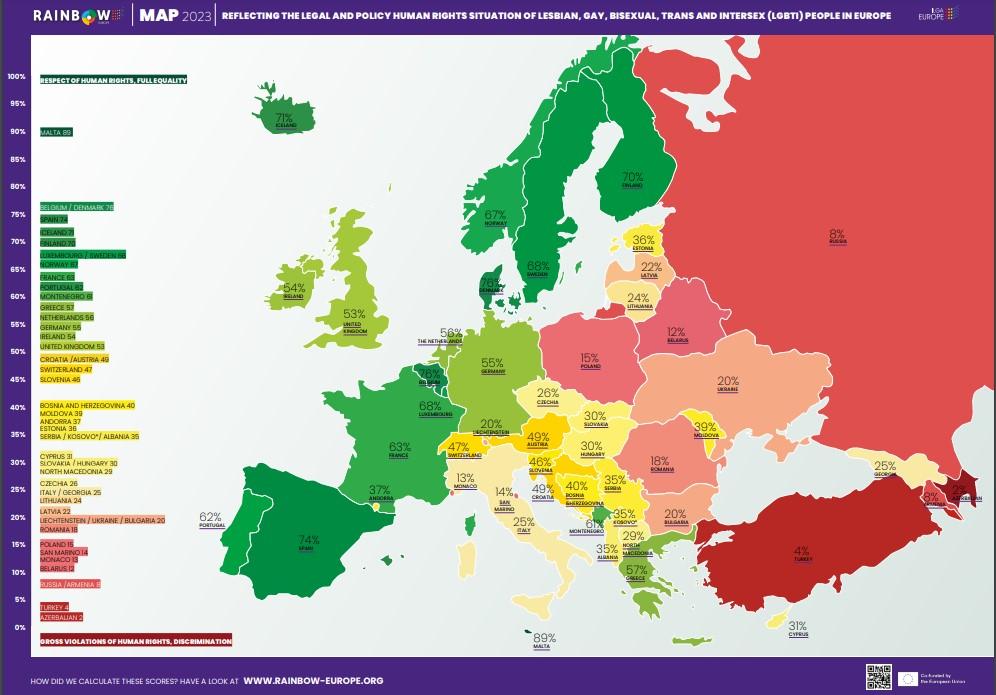 Mapa Tęczowego Rankingu ILGA-Europe 2023 (Fot. materiały prasowe)