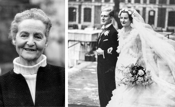 Nancy Mitford i Peter Rodd po ślubiew kościele St John’s, Smith Square, Londyn (1933). Nie byli niestety szczęśliwym małżeństwem. A także sama Nancy po latach (1970). (Fot. Getty Images)