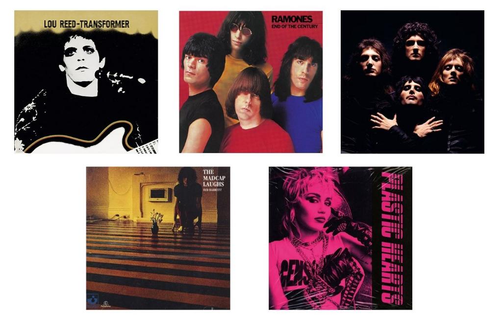 Okładki albumów sfotografowanych przez Rocka: „Transformer” Lou Reeda, „End of the Century” The Ramones, „Queen II” Queen, „The Madcap Laughs” Syda Barretta, „Plastic Hearts” Miley Cyrus. (Fot. materiały prasowe)