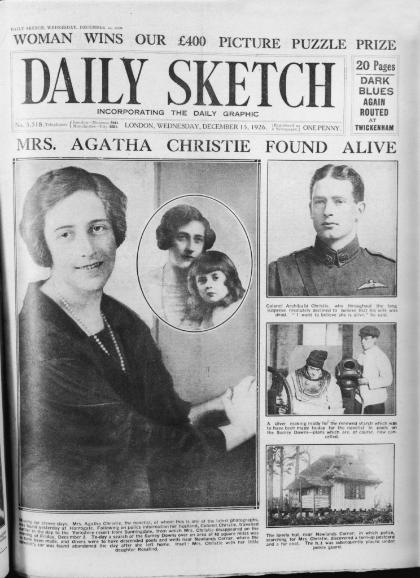 Pierwsza strona „Daily Sketch” z 15 grudnia 1926 roku, tuż po odnalezieniu pisarki. Po prawo zdjęcie Archibalda Christie (Fot. Getty Images)