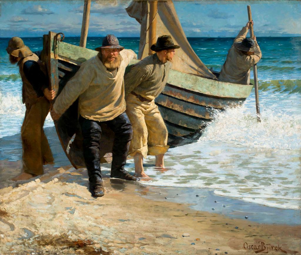 Oscar Björck (1860–1929, Szwecja) „Wodowanie łodzi. Skagen” 1884, olej, płótno, Art Museums of Skagen (Fot. Art Museums of Skagen)