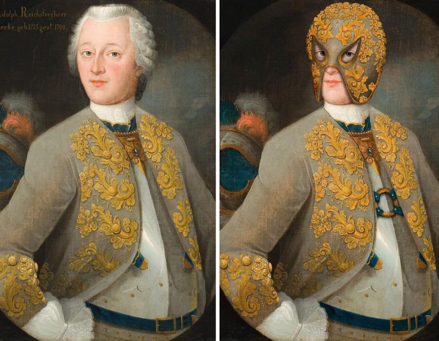 „Portret Dietricha Adolfa von der Recke” (ok. 1760) oraz  „Hidden Anonymous. Silesian I” (2023) Volkera Hermesa (Fot. własność artysty)