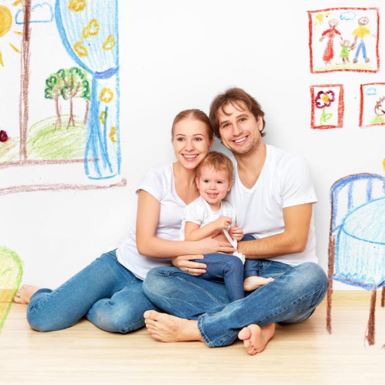 45560769 - concept family: happy young family in the new apartment dream and plan interior