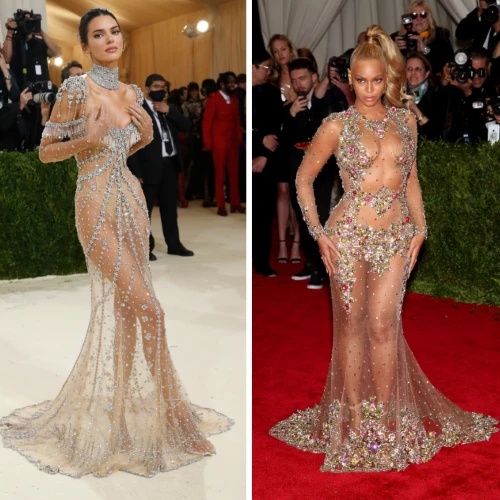 Najbardziej wyszukane „nagie sukienki” z MET Gali: Kendall Jenner (2021) i Beyoncé (2015) w kreacjach od Givenchy (Fot. BEW Photo, Mario Anzuoni/Reuters/Forum)