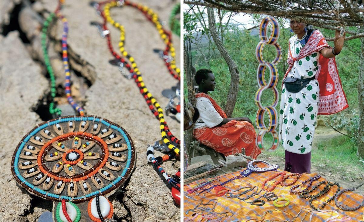  1. Tradycyjna masajska biżuteria wykonana z kolorowych koralików, skóry i cenionych w interiorze Afryki muszelek. 2. Prowadzony przez kobiety kramik z rękodziełem. Podobne sklepiki pojawiają się w Kenii przy każdej atrakcji turystycznej. (Fot. Anna Janowska)