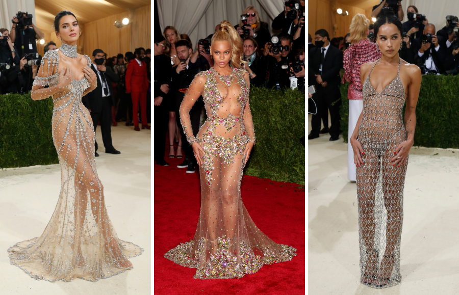 Najbardziej wyszukane „nagie sukienki” z MET Gali: Kendall Jenner (2021) i Beyoncé (2015) w kreacjach od Givenchy oraz Zoë Kravitz w stylizacji Saint Laurent (2021). (Fot. BEW Photo, Mario Anzuoni/Reuters/Forum)