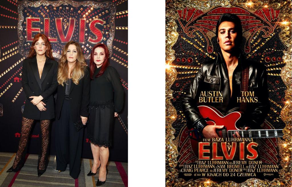 Od lewej: Riley Keough z Lisą Marie i Priscillą Presley na premierze „Elvisa”, plakat filmu (Fot. East News, materiały prasowe)