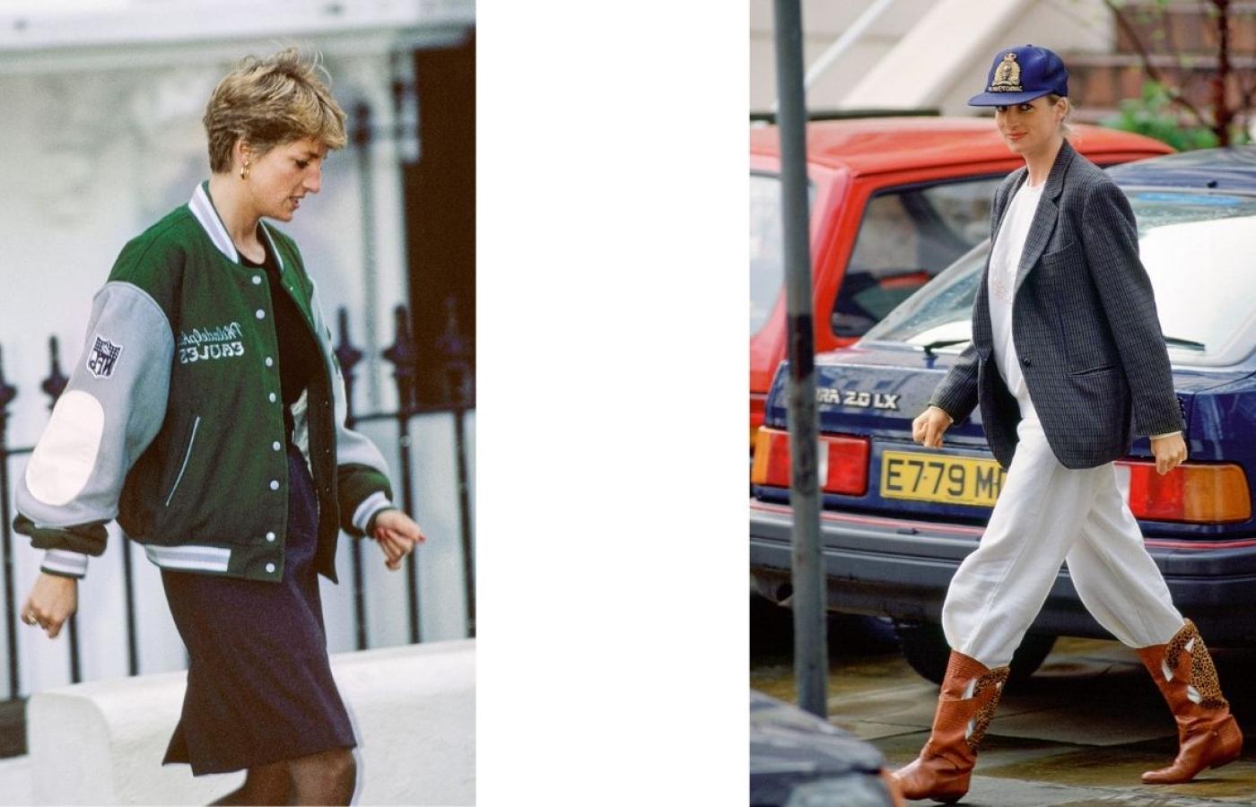 1. Księżna Diana w kurtce bomberce Philadelphia Eagles (1991). 2. W kowbojkach i czapce z daszkiem (1989). (Fot. Getty Images)